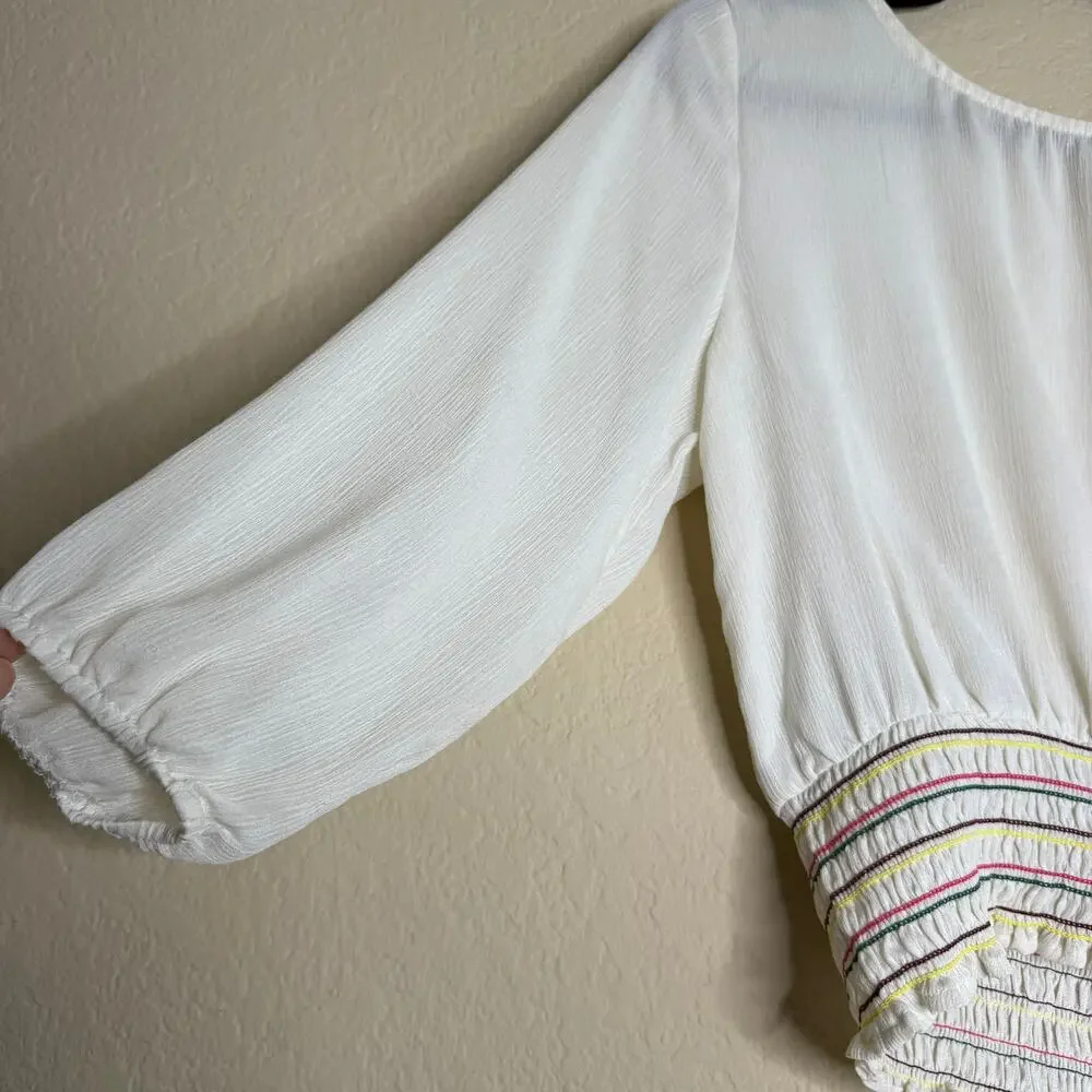 Lily White Cropped Tops Women Large White Smocked Sheer Boho Peasant Prairie